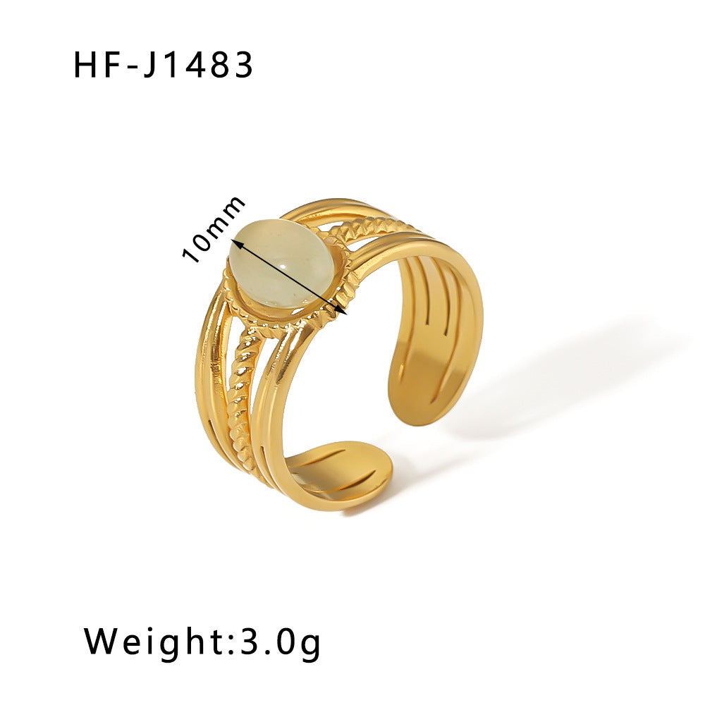 1003# Retro round geometric emerald stone colored natural stone stainless steel ring 18k gold plated ring