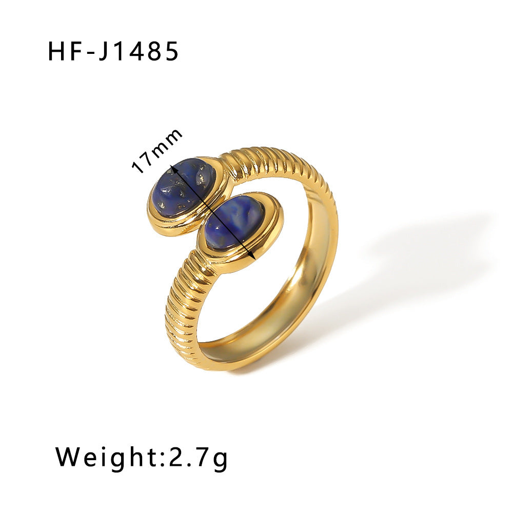 1003# Retro round geometric emerald stone colored natural stone stainless steel ring 18k gold plated ring