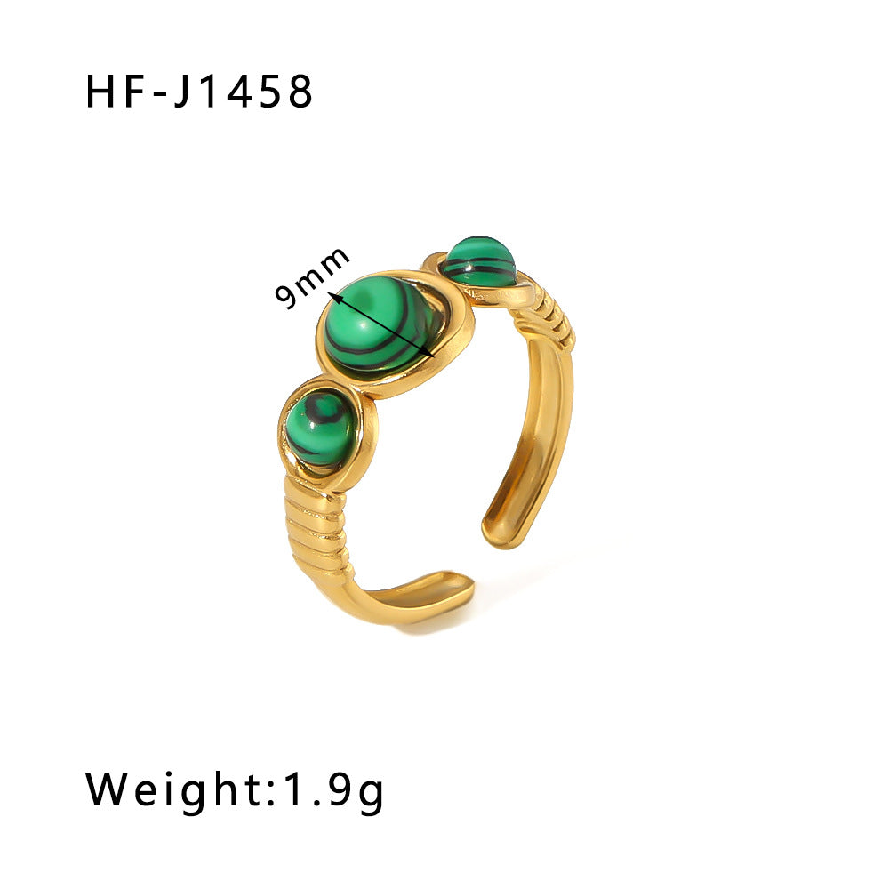 1003# Retro round geometric emerald stone colored natural stone stainless steel ring 18k gold plated ring