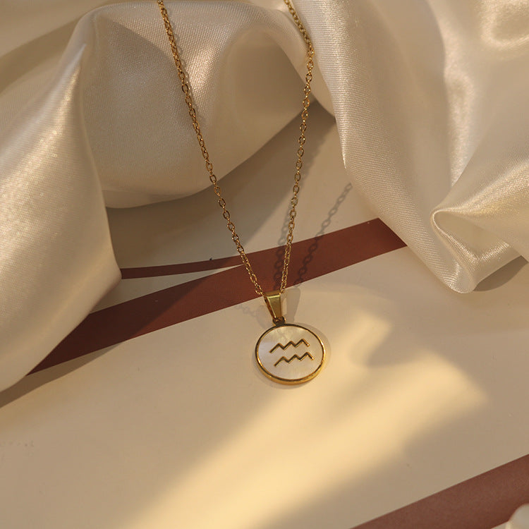 1102# Women's Zodiac White Seashell Stainless Steel 18K Gold Plated Factory Direct Selling Pendant Necklace Clavicle Chain Jewelry