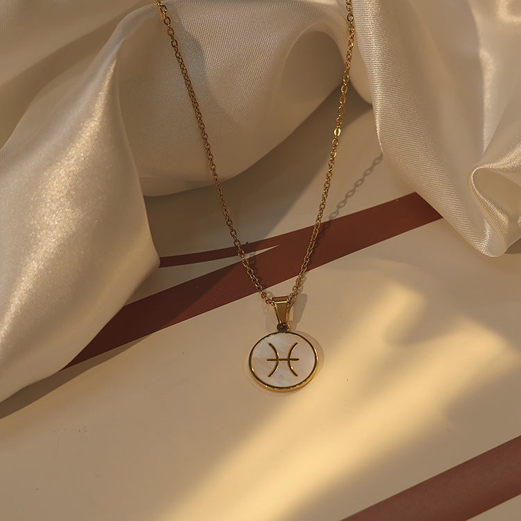 1102# Women's Zodiac White Seashell Stainless Steel 18K Gold Plated Factory Direct Selling Pendant Necklace Clavicle Chain Jewelry