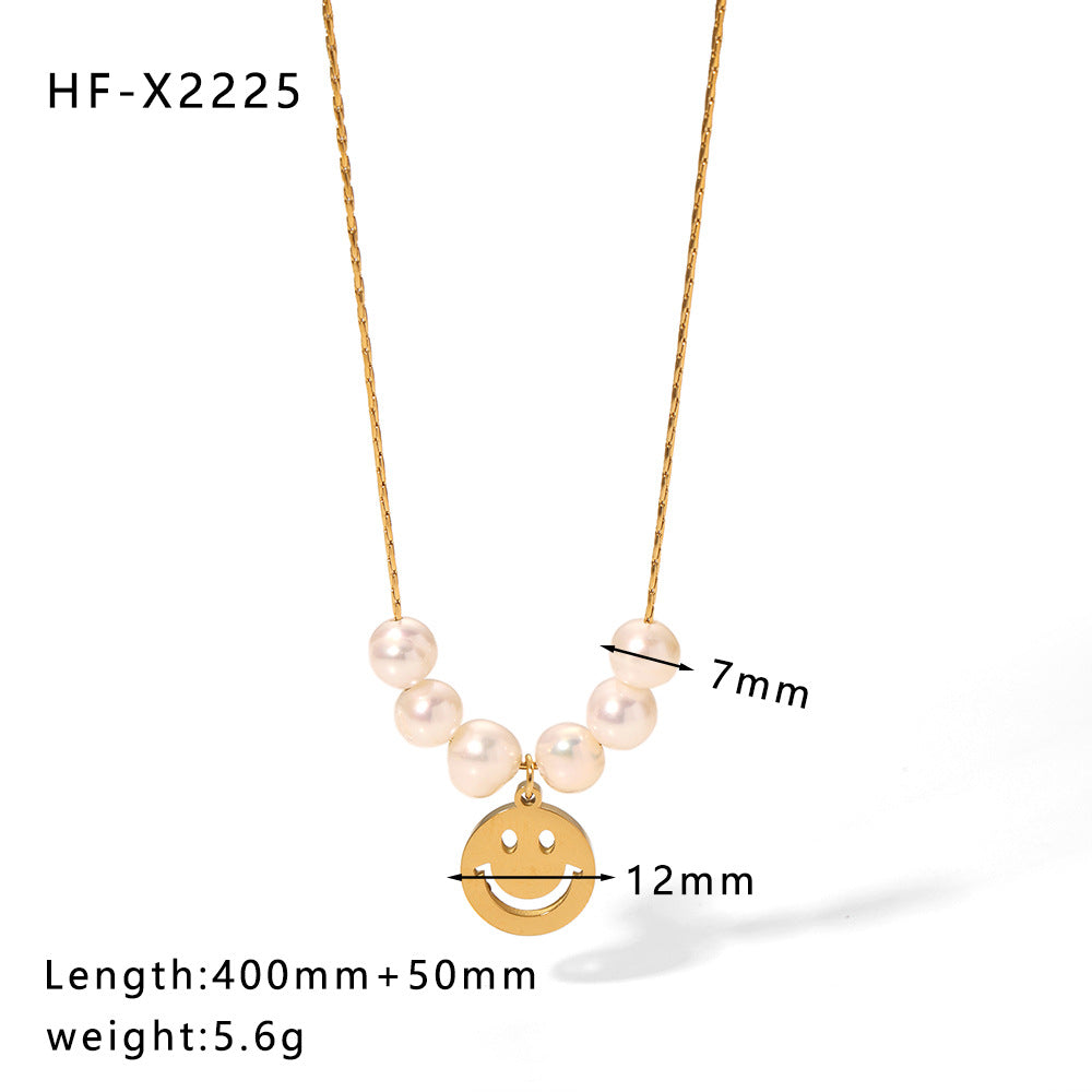 1108# Stainless steel high-grade cat's eye stone zircon pearl smiley face necklace women's light luxury necklace jewelry