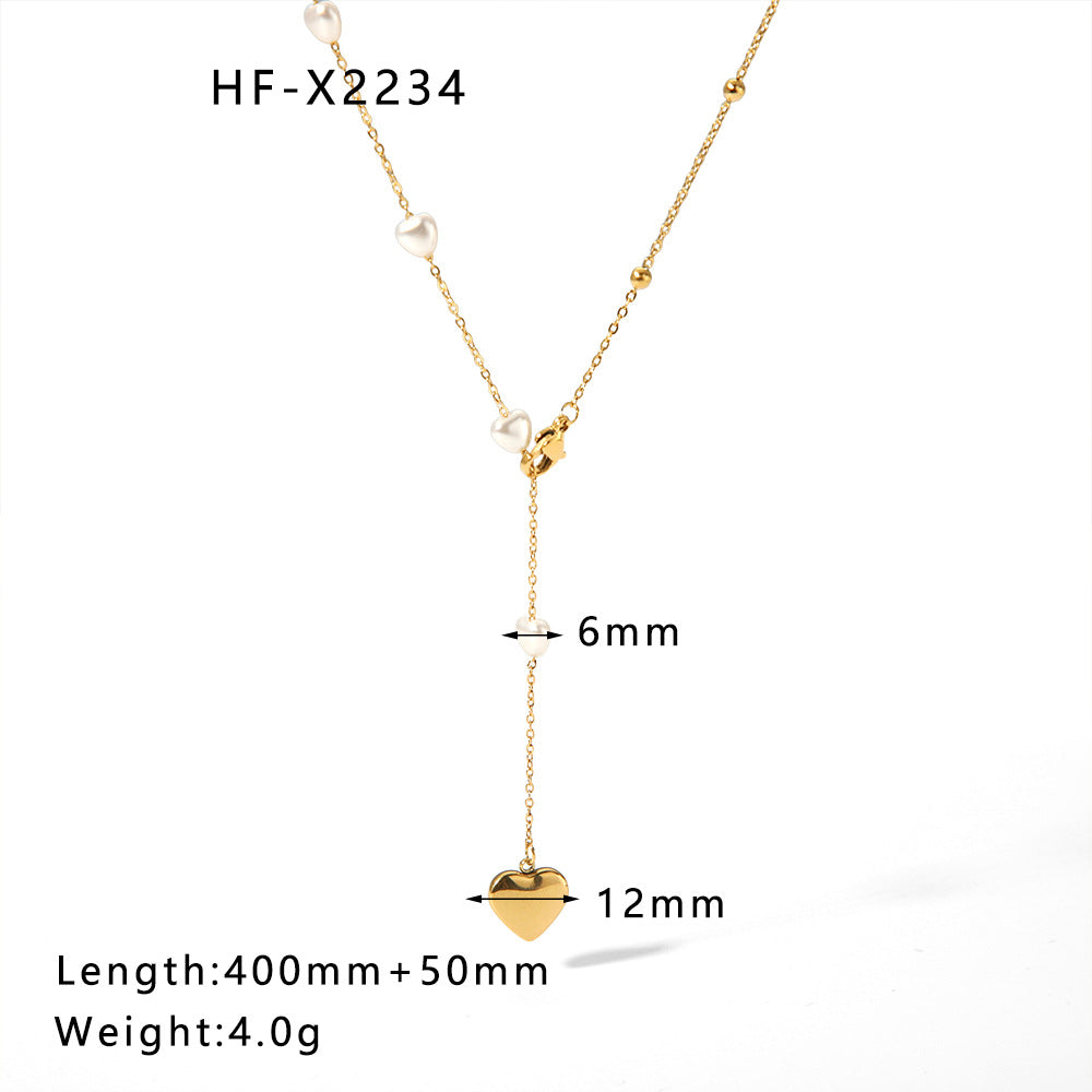 1107# Stainless steel heart-shaped pearl shell necklace women's light luxury tassel necklace jewelry