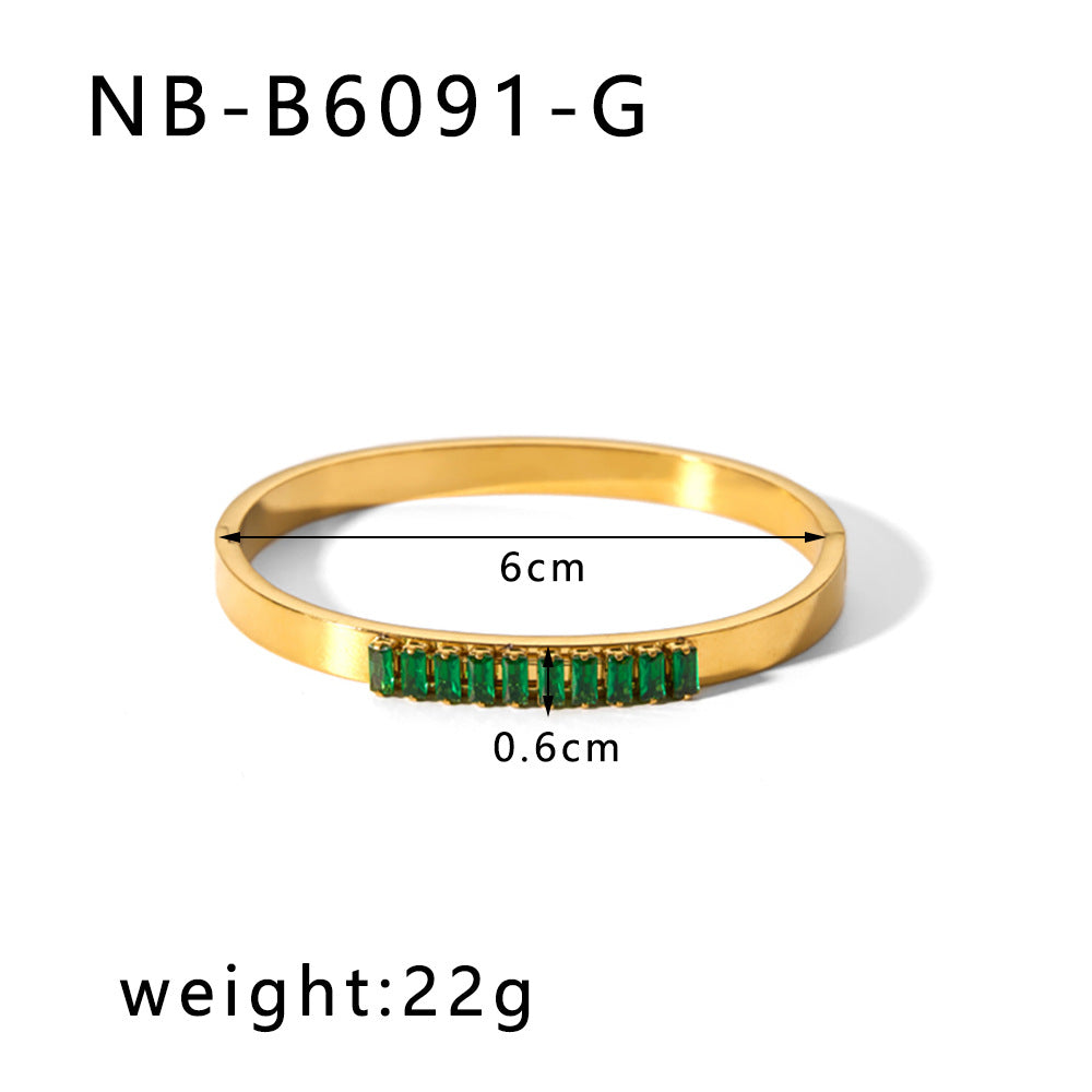 1201# Hot-selling zircon love quadrilateral geometric white zirconium green zirconium titanium steel real gold electroplating color-preserving jewelry bracelet