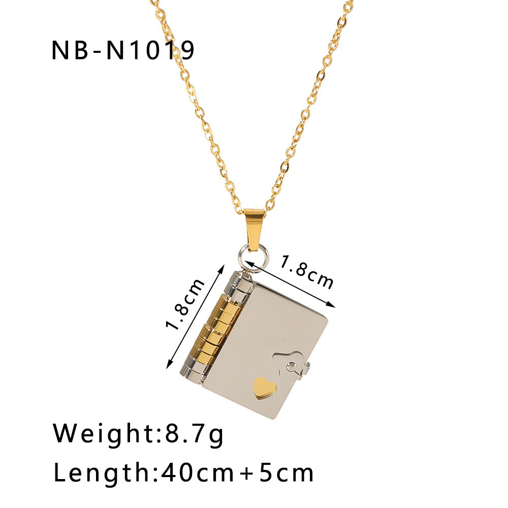 1101# Stainless steel couple book pendant necklace love opening and closing book necklace clavicle chain