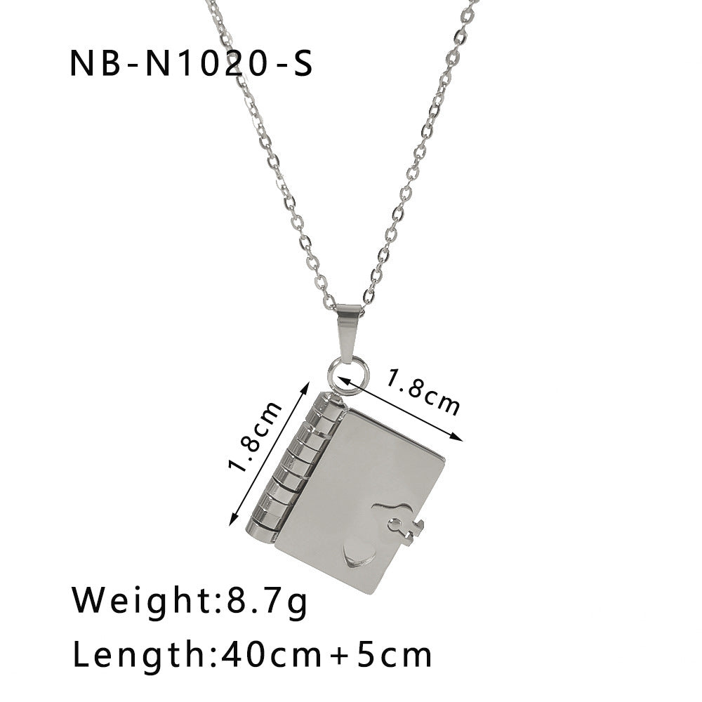 1101# Stainless steel couple book pendant necklace love opening and closing book necklace clavicle chain