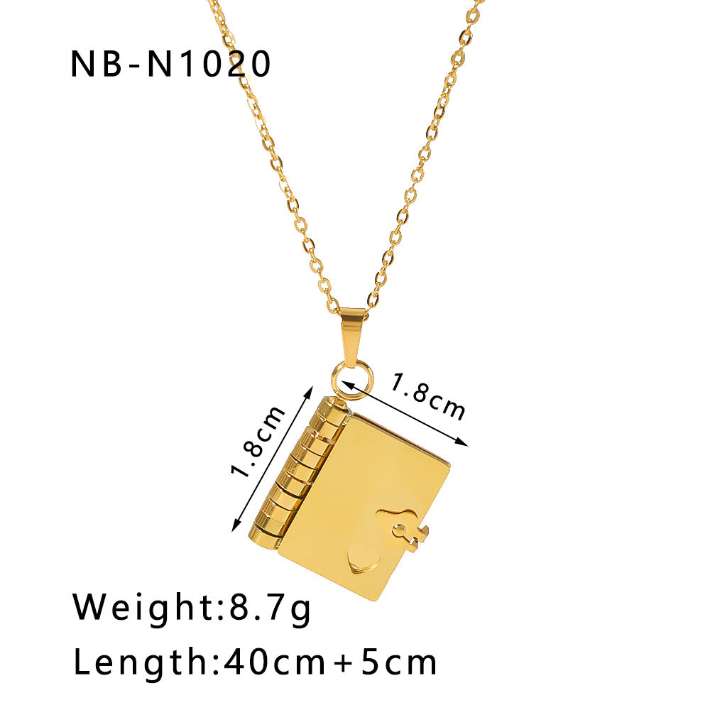 1101# Stainless steel couple book pendant necklace love opening and closing book necklace clavicle chain