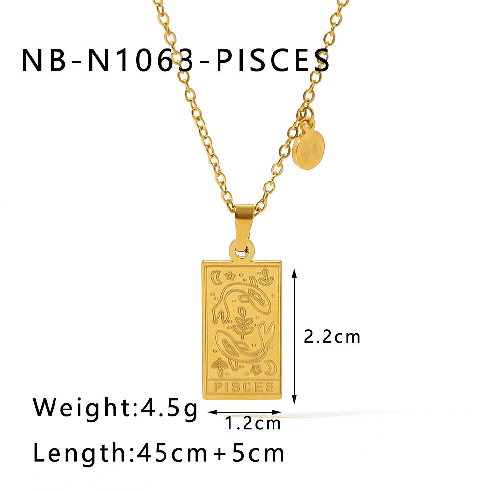 1109# Stainless steel twelve constellations simple necklace 18k gold plated square pendant titanium steel clavicle chain for women