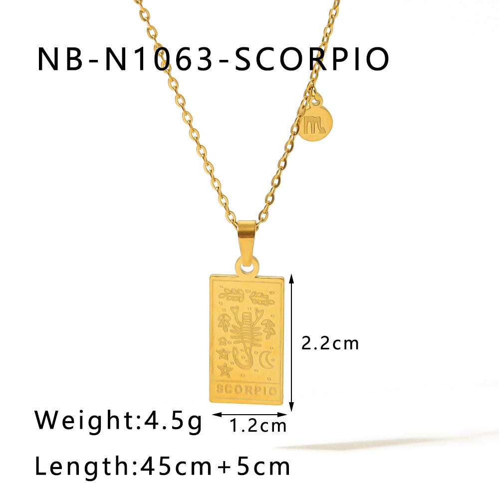 1109# Stainless steel twelve constellations simple necklace 18k gold plated square pendant titanium steel clavicle chain for women
