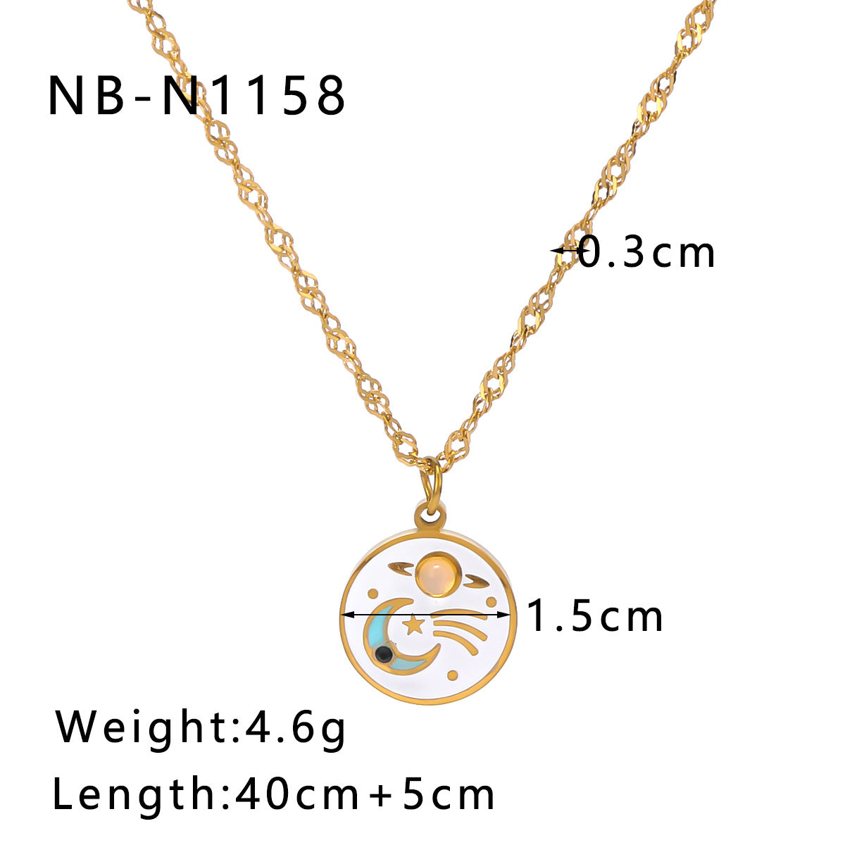1111# Retro Style Stainless Steel Oil Drop Pendant Necklace Enamel Painted Stars and Moon Inlaid Cat's Eye Jewelry for Women