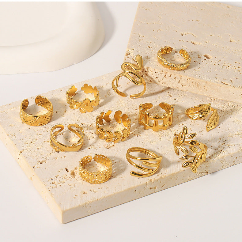 1001# Leaf geometric hollow flower 18k gold-plated snake-shaped high-end multi-layered titanium steel ring for women