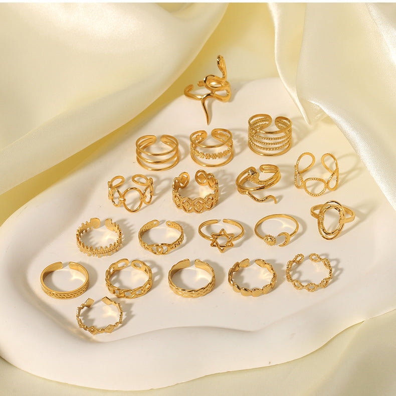1001# Leaf geometric hollow flower 18k gold-plated snake-shaped high-end multi-layered titanium steel ring for women