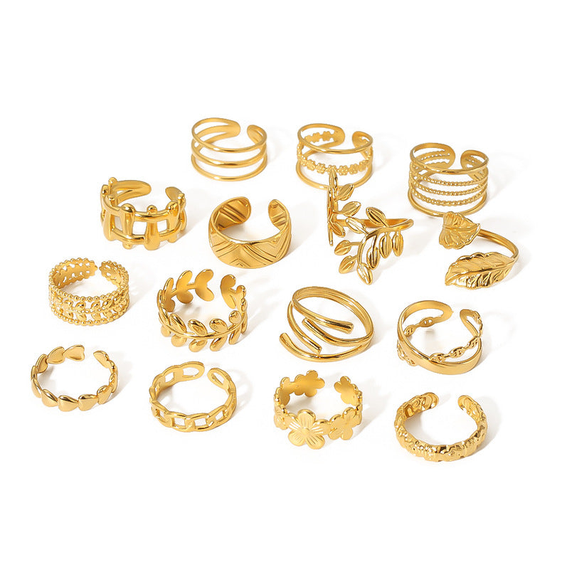 1001# Leaf geometric hollow flower 18k gold-plated snake-shaped high-end multi-layered titanium steel ring for women