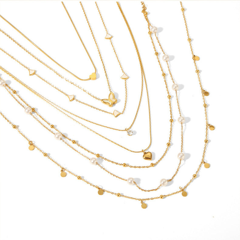 1107# Stainless steel heart-shaped pearl shell necklace women's light luxury tassel necklace jewelry