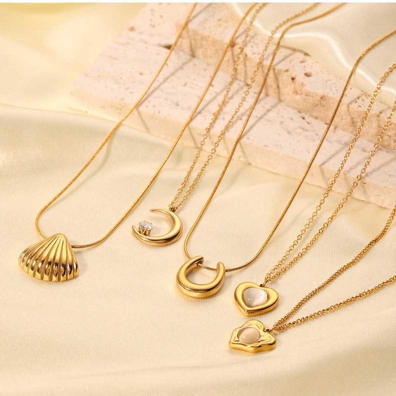 1108# Stainless steel high-grade cat's eye stone zircon pearl smiley face necklace women's light luxury necklace jewelry