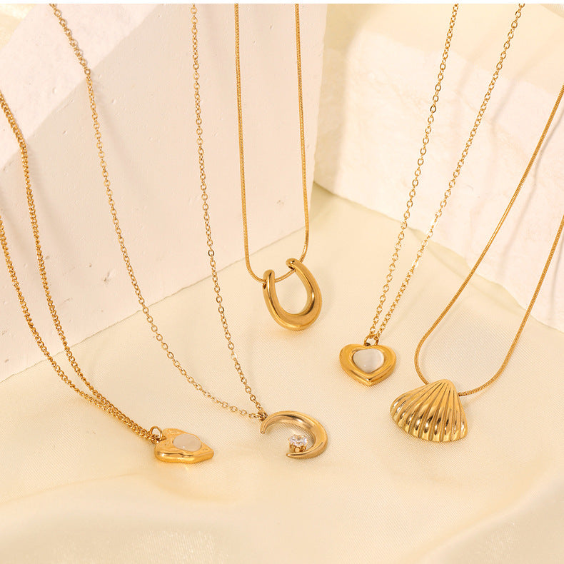 1108# Stainless steel high-grade cat's eye stone zircon pearl smiley face necklace women's light luxury necklace jewelry