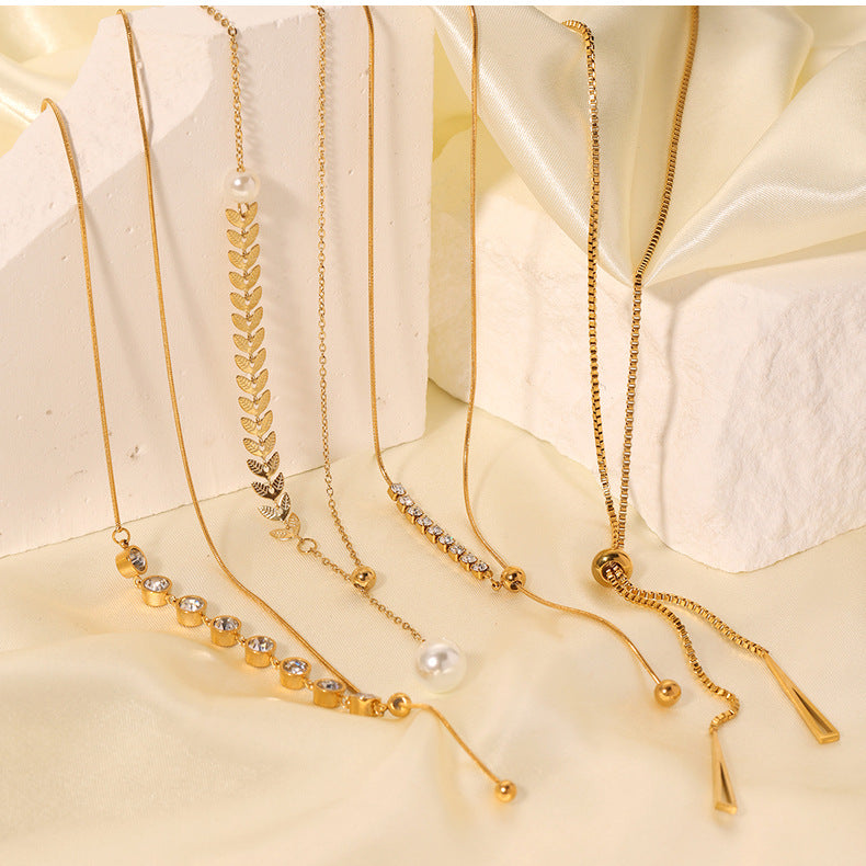 1108# Stainless steel high-grade cat's eye stone zircon pearl smiley face necklace women's light luxury necklace jewelry