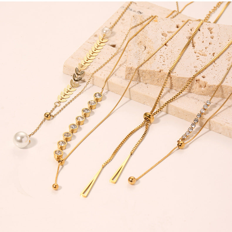 1108# Stainless steel high-grade cat's eye stone zircon pearl smiley face necklace women's light luxury necklace jewelry