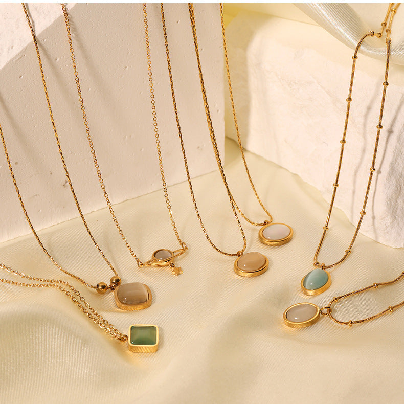 1108# Stainless steel high-grade cat's eye stone zircon pearl smiley face necklace women's light luxury necklace jewelry