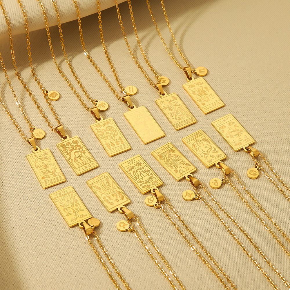 1109# Stainless steel twelve constellations simple necklace 18k gold plated square pendant titanium steel clavicle chain for women