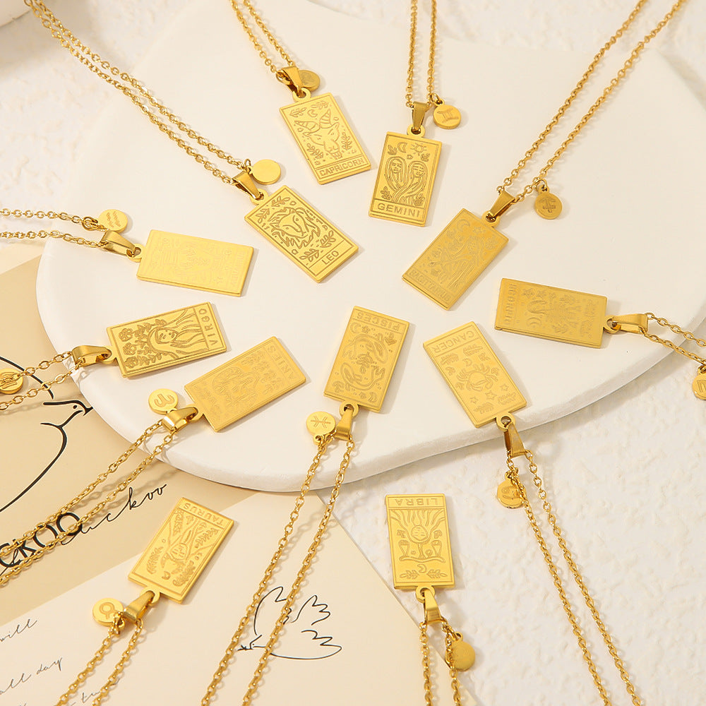 1109# Stainless steel twelve constellations simple necklace 18k gold plated square pendant titanium steel clavicle chain for women