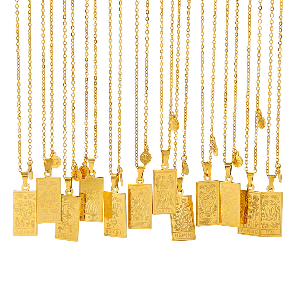 1109# Stainless steel twelve constellations simple necklace 18k gold plated square pendant titanium steel clavicle chain for women