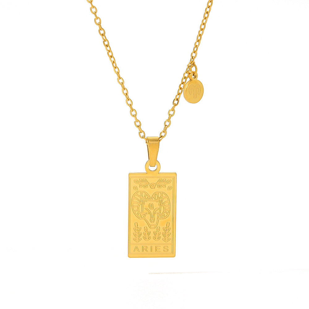 1109# Stainless steel twelve constellations simple necklace 18k gold plated square pendant titanium steel clavicle chain for women