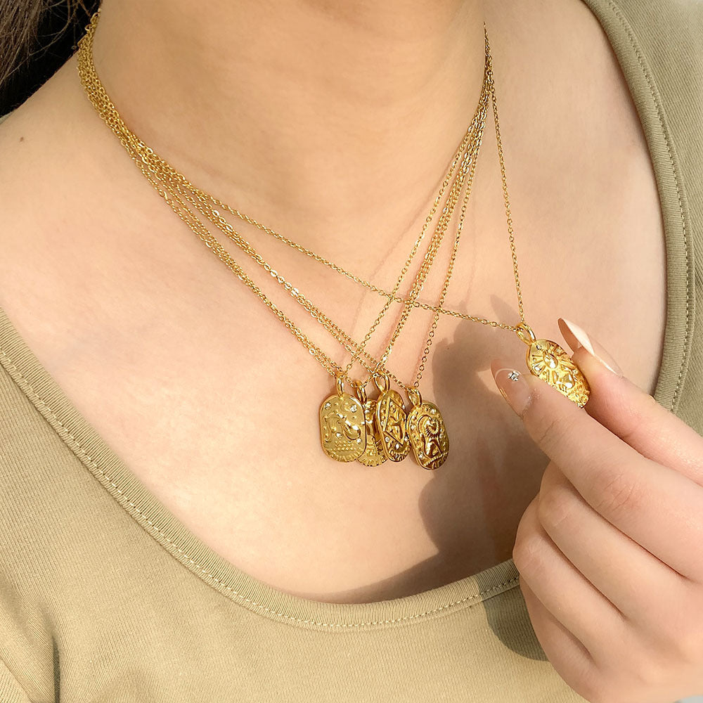1110# Light luxury square twelve constellations casting pendant necklace stainless steel diamond neck jewelry