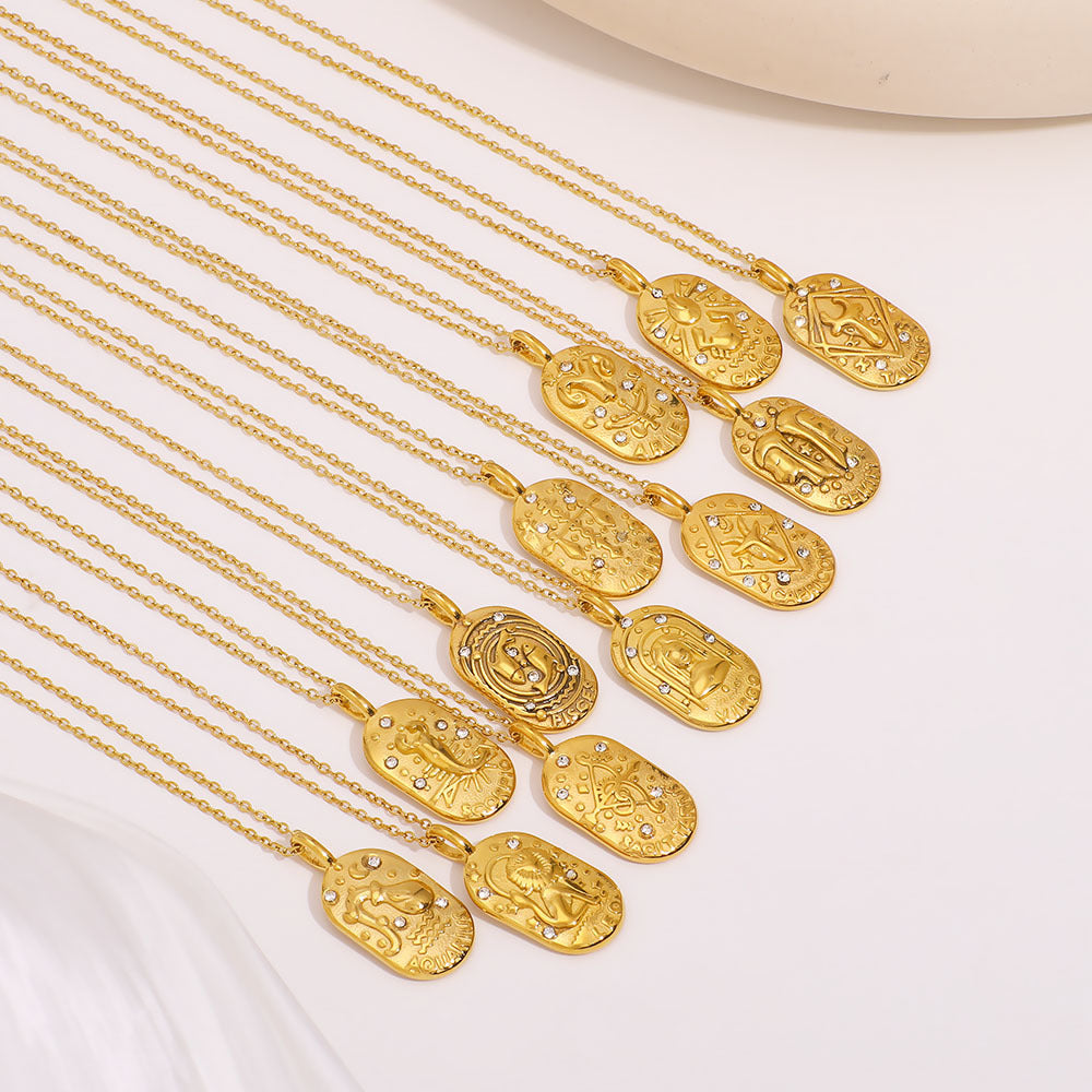 1110# Light luxury square twelve constellations casting pendant necklace stainless steel diamond neck jewelry