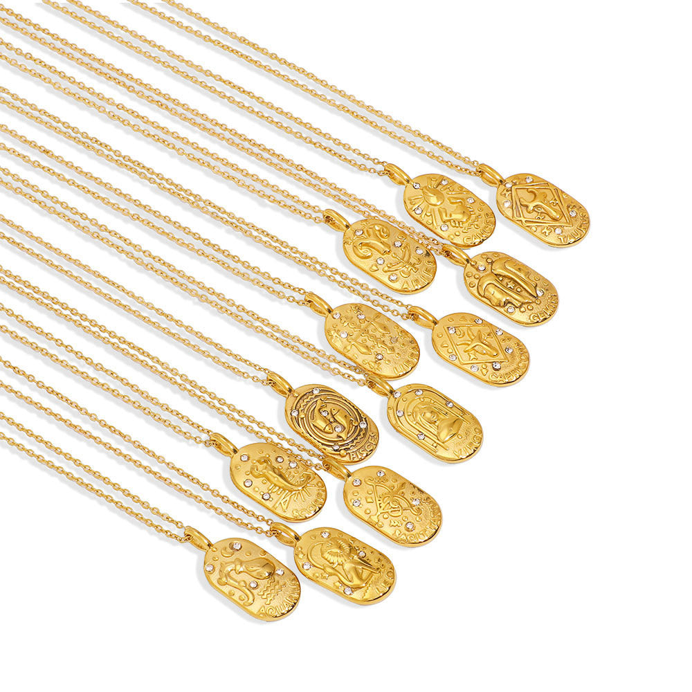 1110# Light luxury square twelve constellations casting pendant necklace stainless steel diamond neck jewelry