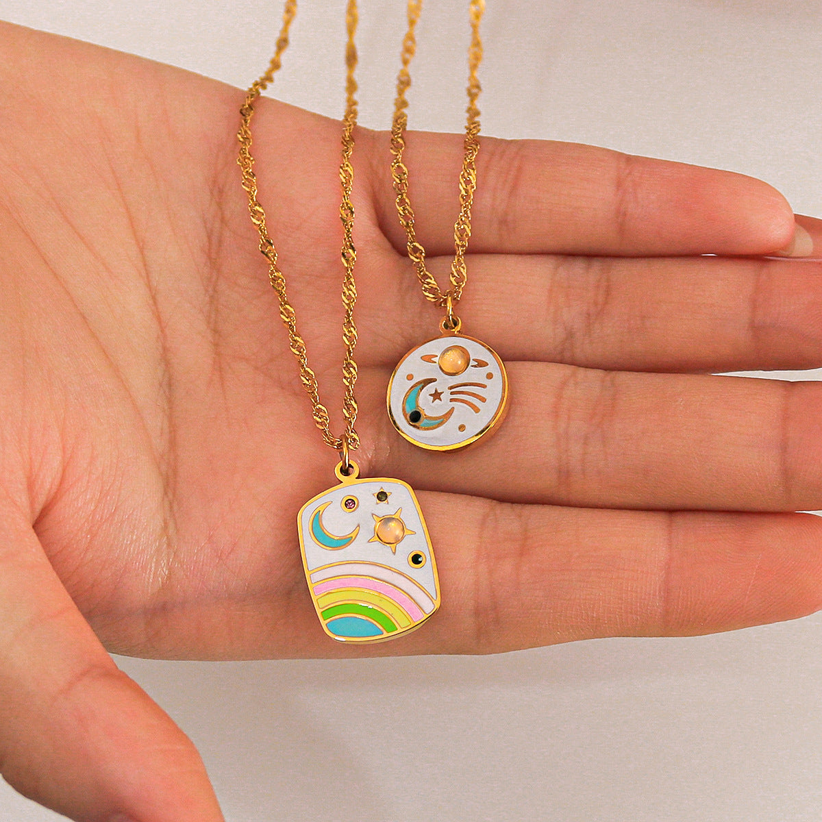 1111# Retro Style Stainless Steel Oil Drop Pendant Necklace Enamel Painted Stars and Moon Inlaid Cat's Eye Jewelry for Women