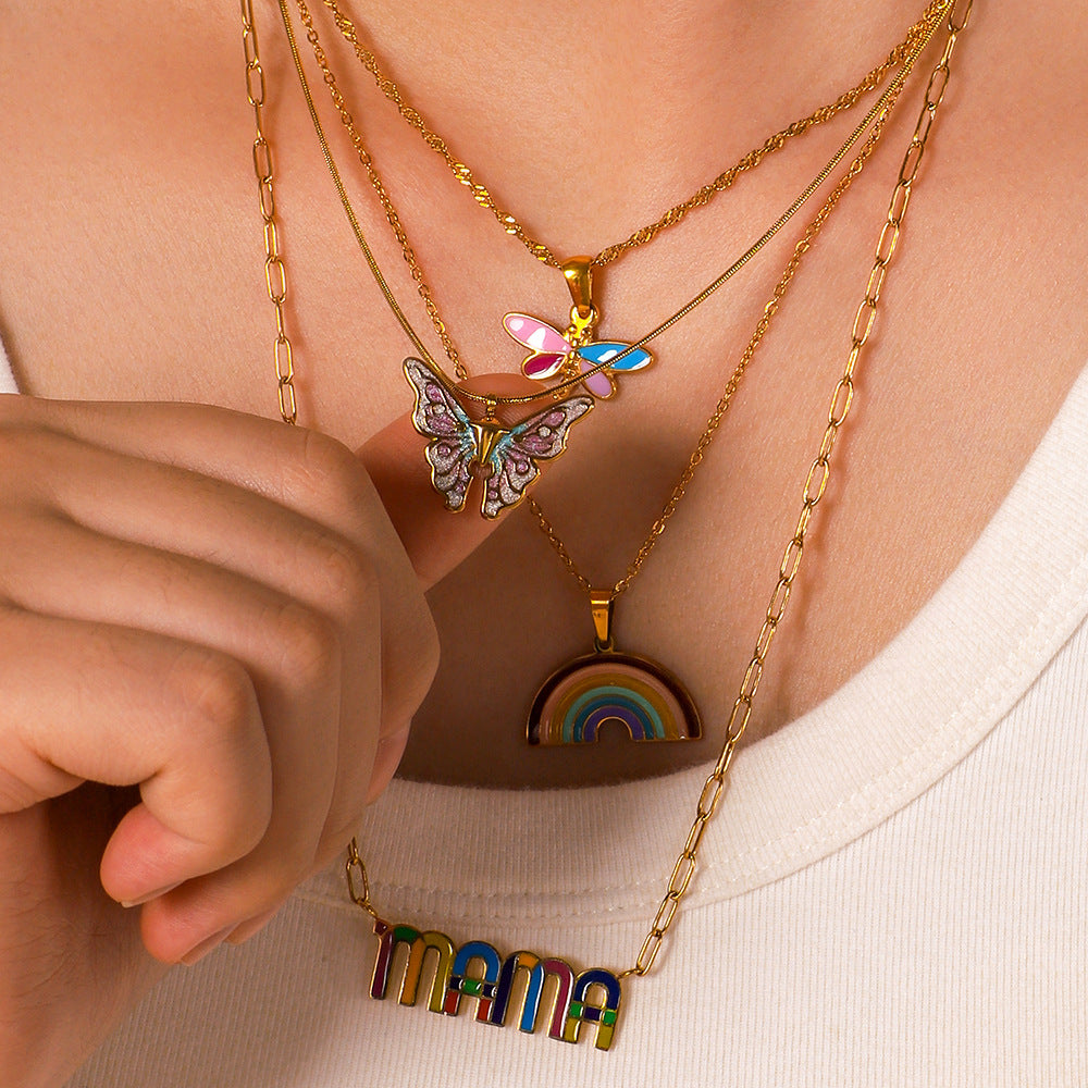 1112# Stainless steel 18k gold plated simple butterfly rainbow love color necklace niche European and American oil dripping clavicle chain