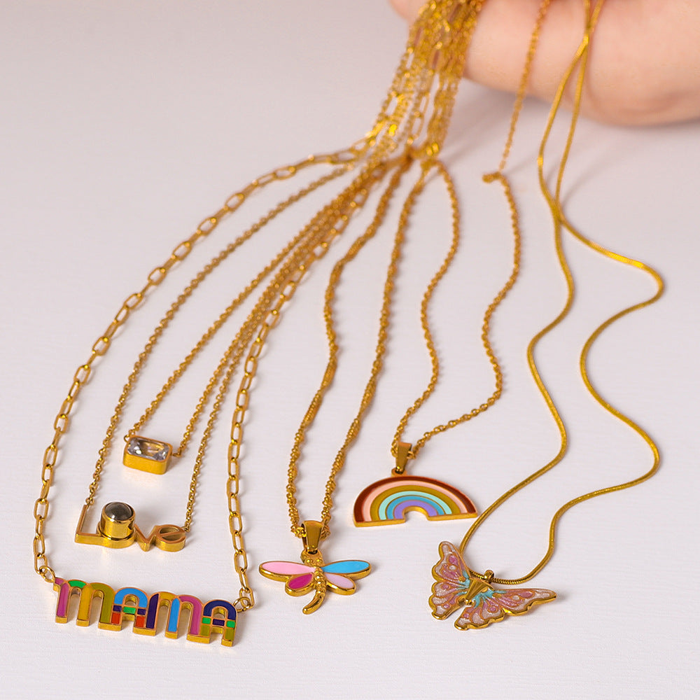 1112# Stainless steel 18k gold plated simple butterfly rainbow love color necklace niche European and American oil dripping clavicle chain