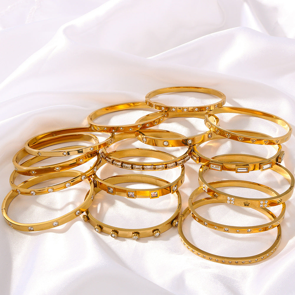 1201# Hot-selling zircon love quadrilateral geometric white zirconium green zirconium titanium steel real gold electroplating color-preserving jewelry bracelet