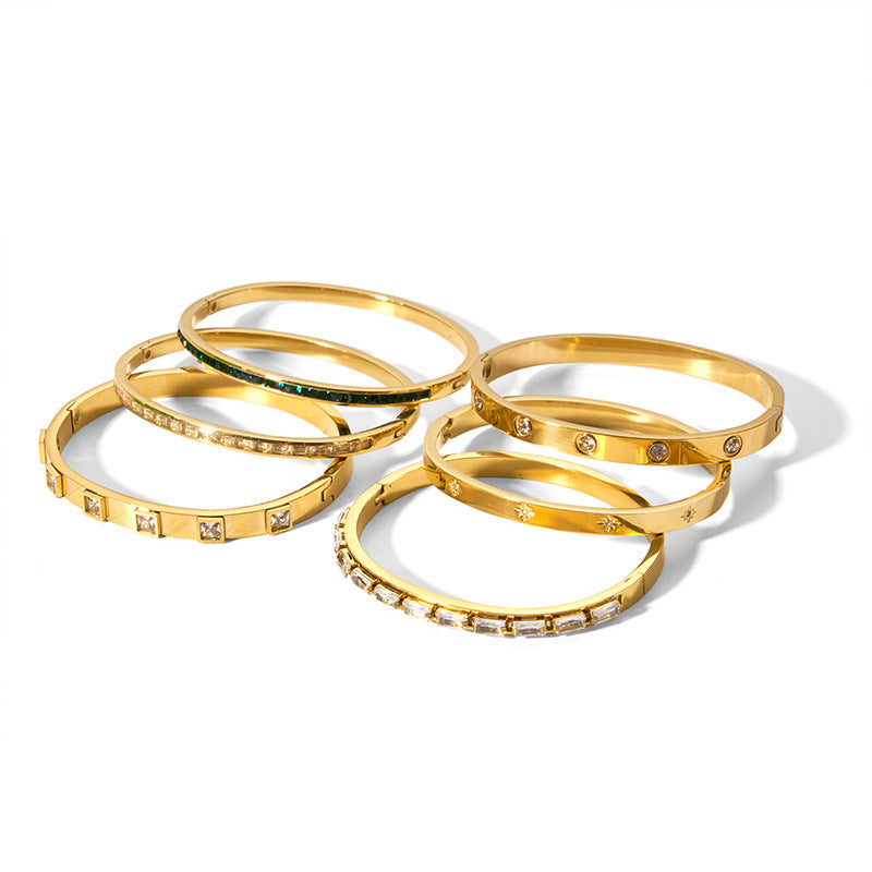 1202# Stainless steel zircon bracelet retro wide edge full diamond plated 18K real gold irregular bracelet for women