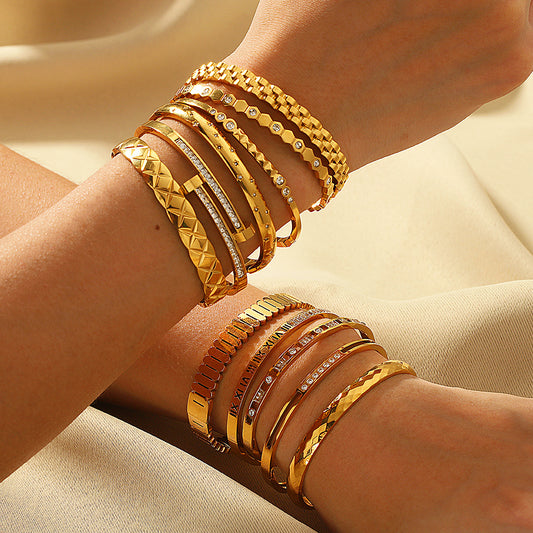 1209# Hot selling new zircon bracelet, Roman numerals, rhombus pattern jewelry, five-pointed star, stainless steel, real gold-plated hand jewelry