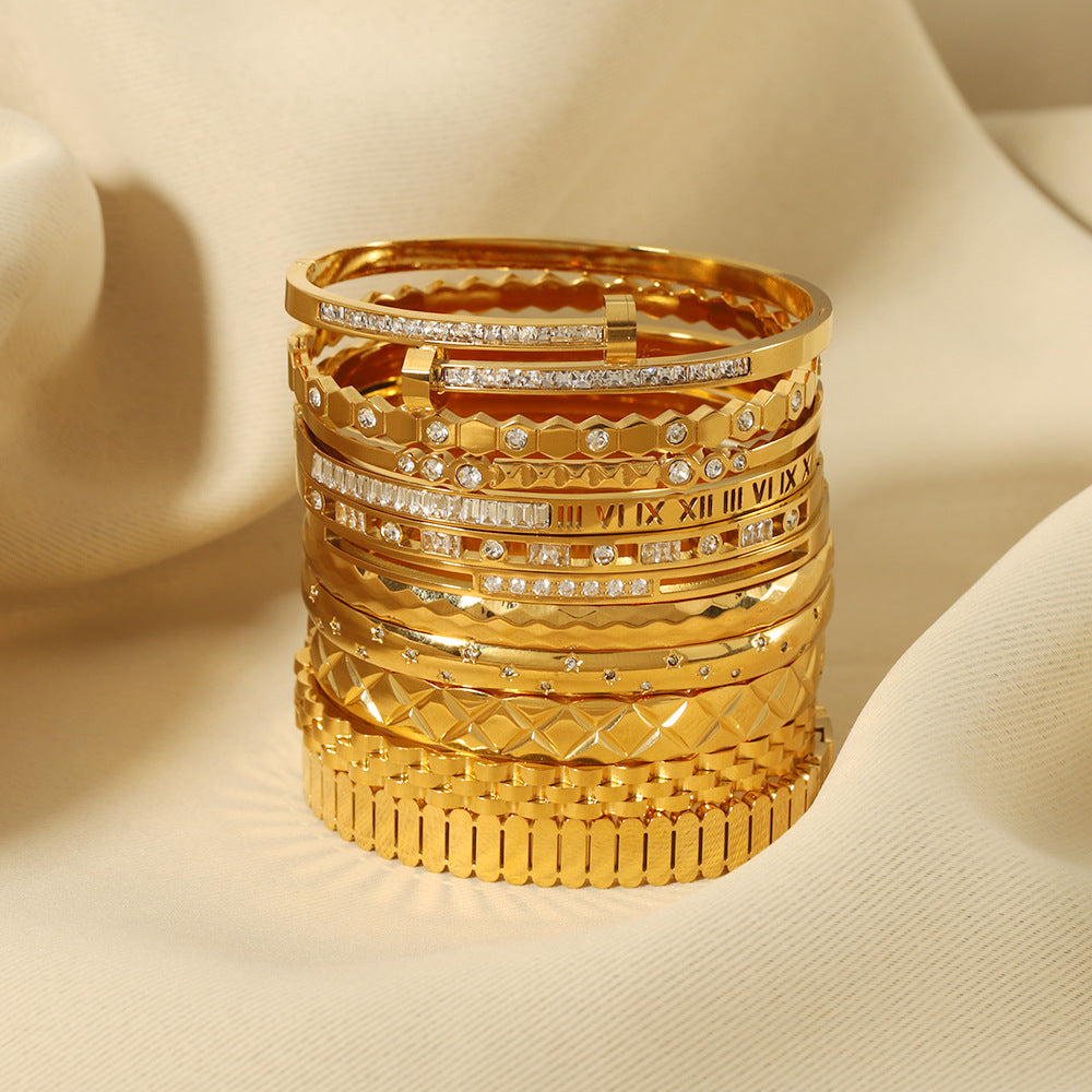 1209# Hot selling new zircon bracelet, Roman numerals, rhombus pattern jewelry, five-pointed star, stainless steel, real gold-plated hand jewelry