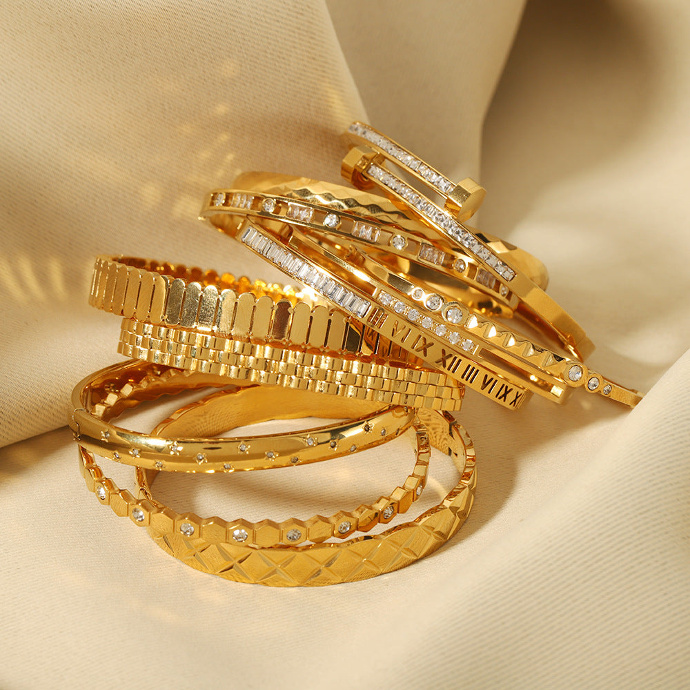 1209# Hot selling new zircon bracelet, Roman numerals, rhombus pattern jewelry, five-pointed star, stainless steel, real gold-plated hand jewelry