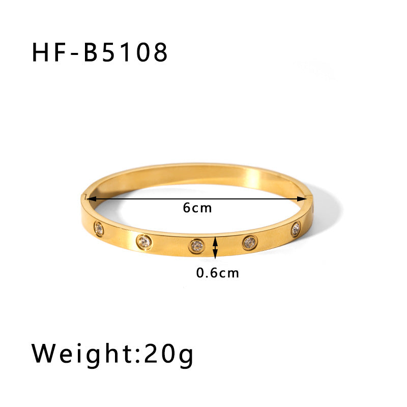 1202# Stainless steel zircon bracelet retro wide edge full diamond plated 18K real gold irregular bracelet for women