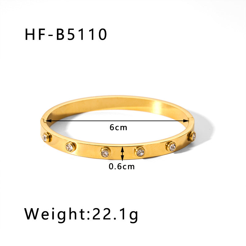 1202# Stainless steel zircon bracelet retro wide edge full diamond plated 18K real gold irregular bracelet for women