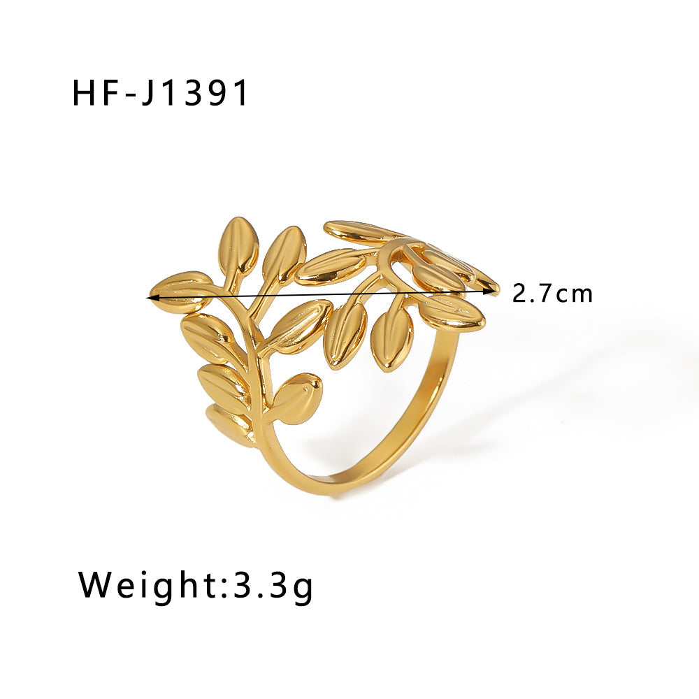1001# Leaf geometric hollow flower 18k gold-plated snake-shaped high-end multi-layered titanium steel ring for women