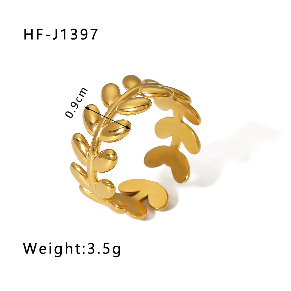 1001# Leaf geometric hollow flower 18k gold-plated snake-shaped high-end multi-layered titanium steel ring for women