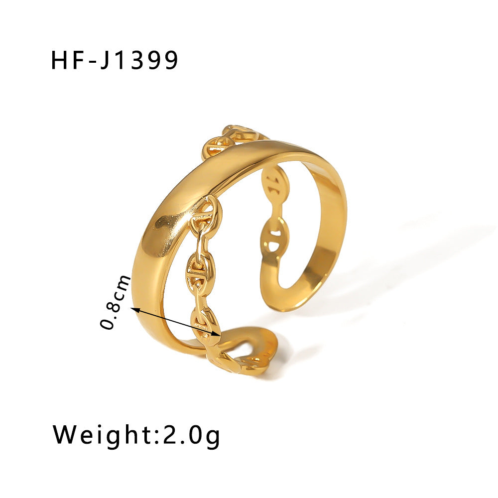 1001# Leaf geometric hollow flower 18k gold-plated snake-shaped high-end multi-layered titanium steel ring for women