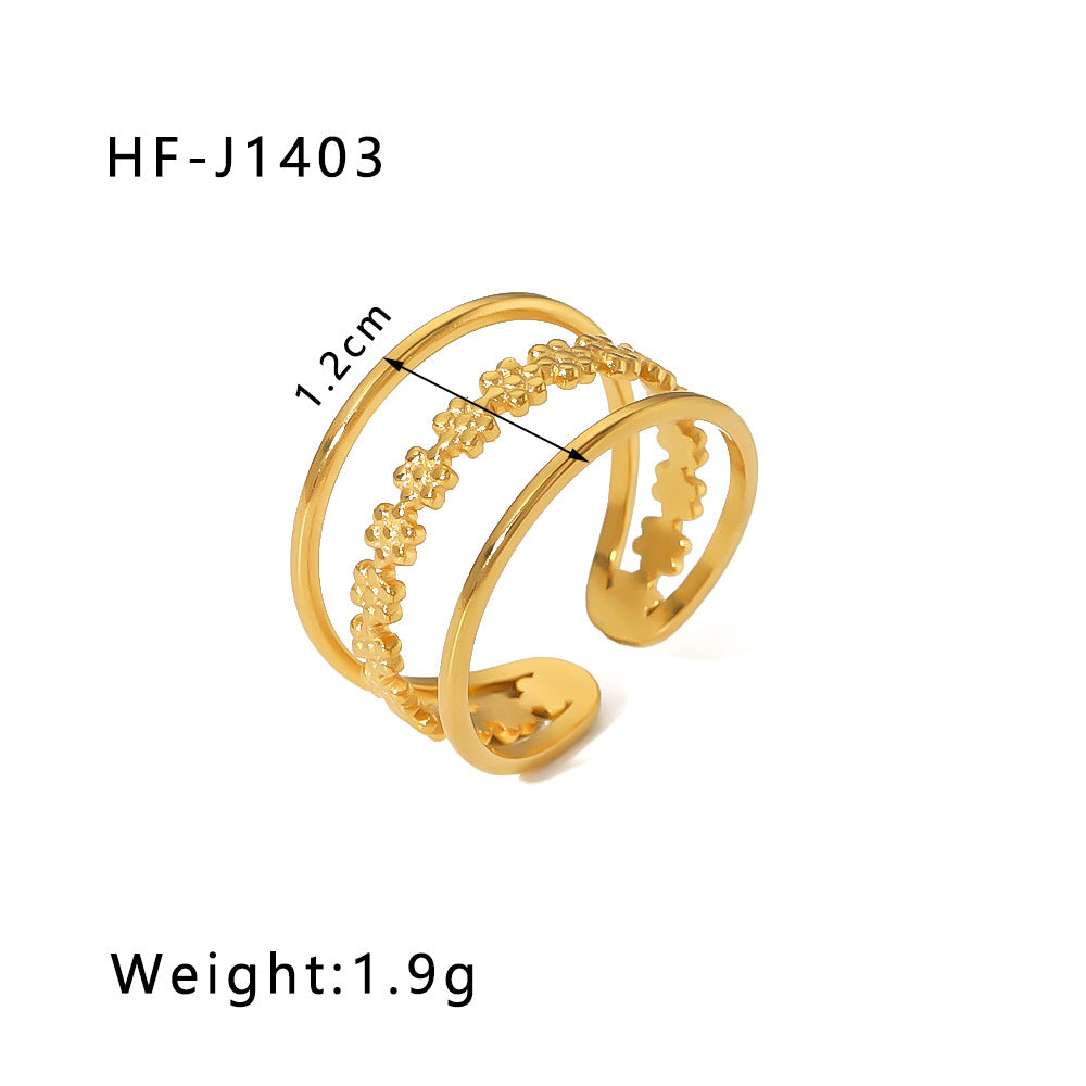 1001# Leaf geometric hollow flower 18k gold-plated snake-shaped high-end multi-layered titanium steel ring for women