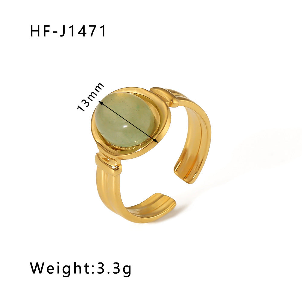 1003# Retro round geometric emerald stone colored natural stone stainless steel ring 18k gold plated ring