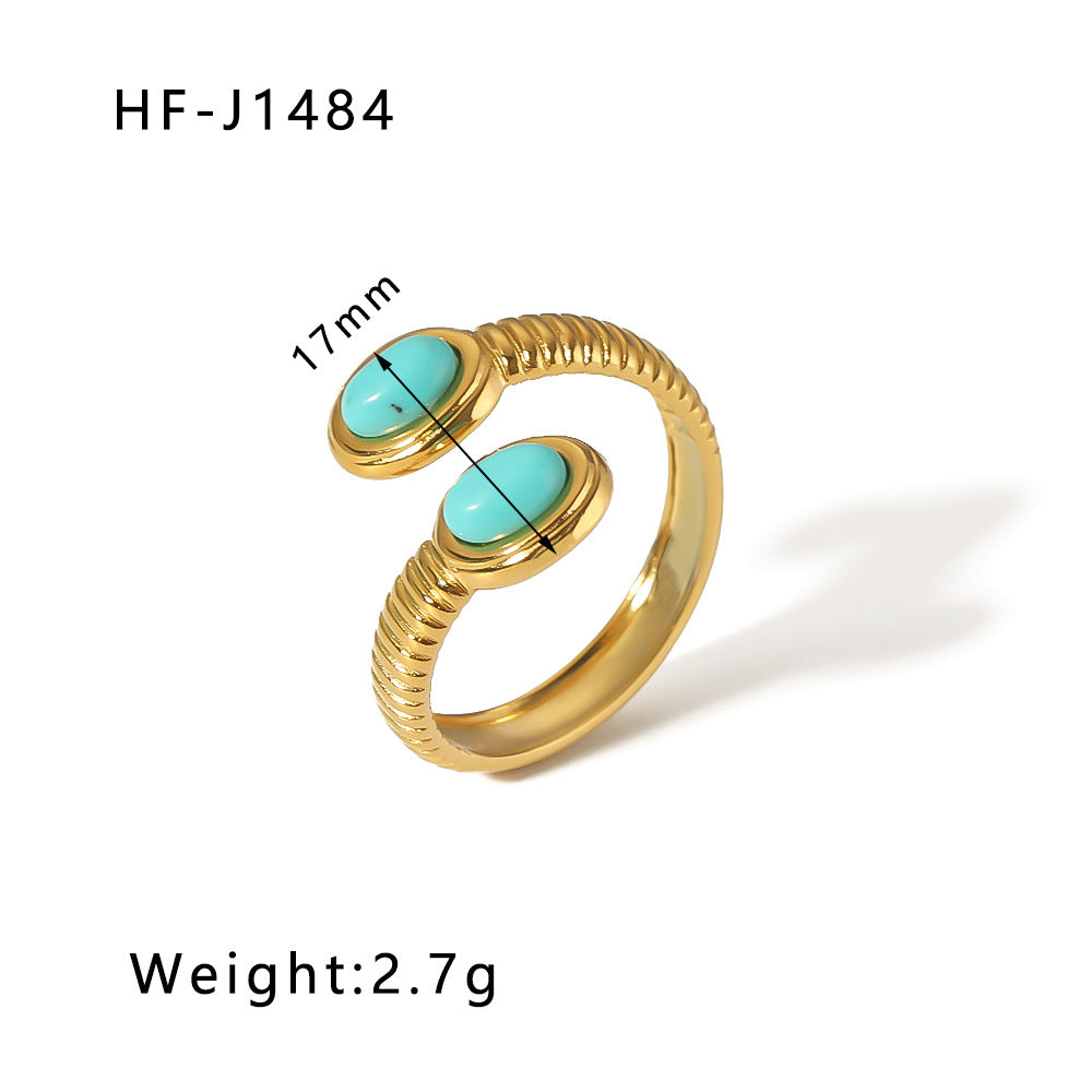 1003# Retro round geometric emerald stone colored natural stone stainless steel ring 18k gold plated ring