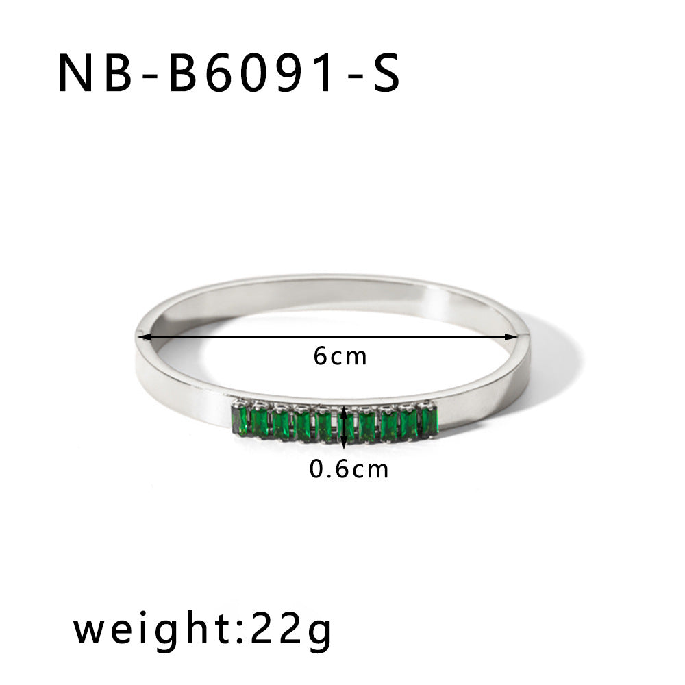 1201# Hot-selling zircon love quadrilateral geometric white zirconium green zirconium titanium steel real gold electroplating color-preserving jewelry bracelet
