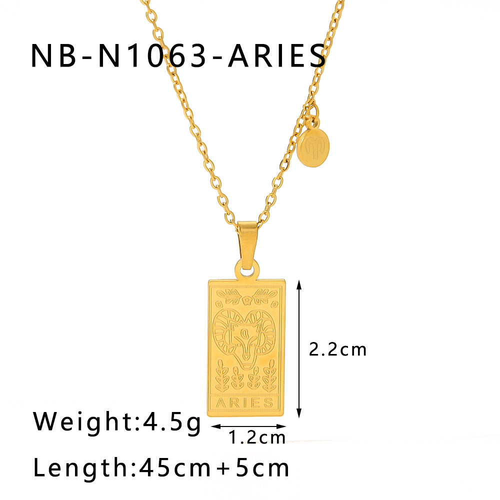1109# Stainless steel twelve constellations simple necklace 18k gold plated square pendant titanium steel clavicle chain for women
