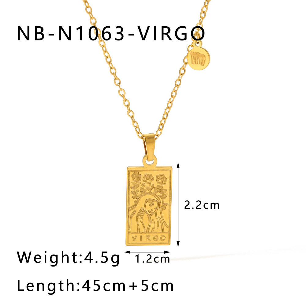 1109# Stainless steel twelve constellations simple necklace 18k gold plated square pendant titanium steel clavicle chain for women