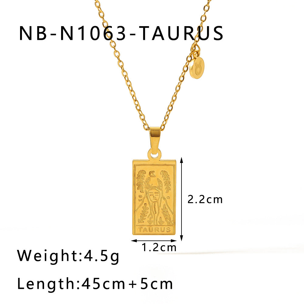 1109# Stainless steel twelve constellations simple necklace 18k gold plated square pendant titanium steel clavicle chain for women